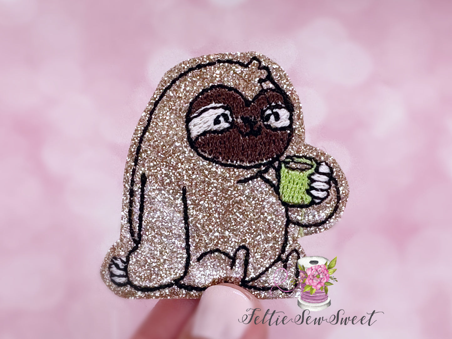 Sloth drinks cup of coffee felties, Animal feltie